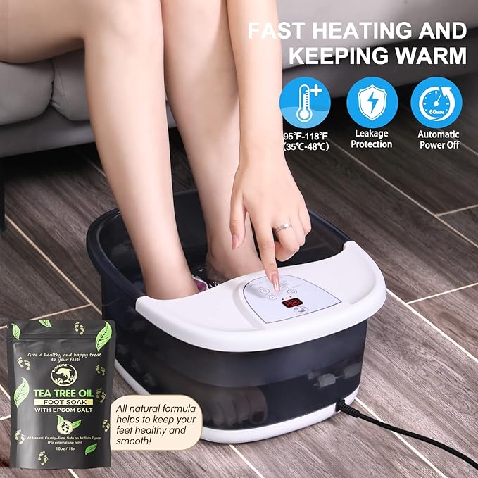 Foot Spa Bath Massager with Heat, Foot Bath with 22 Massage Rollers, Temperature Control, Jets, Bubbles, Epsom Salt and Vibration. Foot Soaking Tub for Relaxation - Grey
