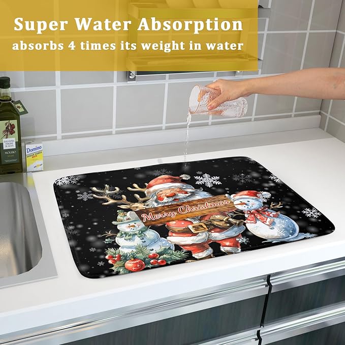 Christmas Santa Snowman Dish Drying Mats for Kitchen Counter 16"x18" Merry Christmas Santa Claus Dish Drying Mats Absorbent Microfiber Reversible Dishes Pad Dish Drainer Mat for Kitchen Accessories