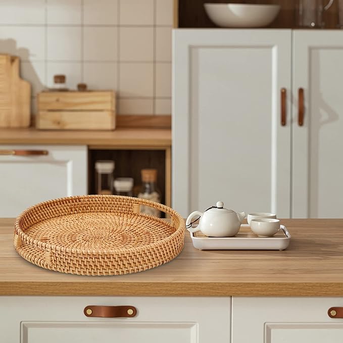Round Rattan Serving Tray with Handles, Hand-Woven Basket, Home Decor Organizer Tray for Breakfast, Tea, Snack, Fruit, Coffee, Storage (Large) (14.17inchX2.3inch)