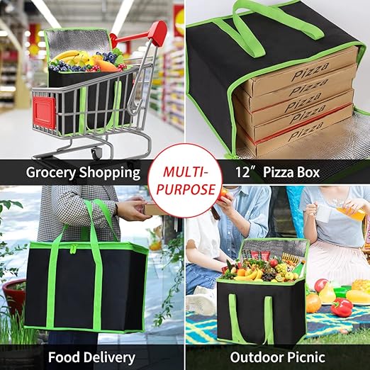 1-Pack Insulated Reusable Grocery Bags, X-Large Insulated Food Delivery Bag for Delivery Drivers, Commercial Food Warmer for Shopping, Tote Cooler Bags, Black with Green Edge