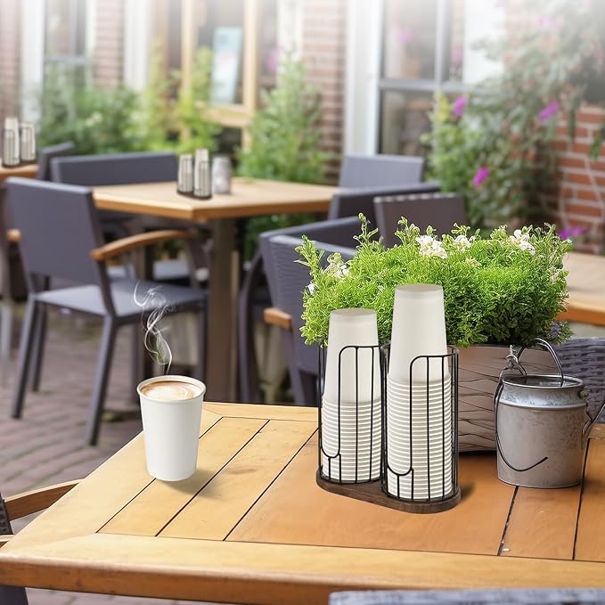 2-Compartment 18oz Coffee Cup Dispenser Rack with Wood Base, Disposable Cup, and Lid Organizer for Countertop - Perfect for Paper Cups and Lid Organizer
