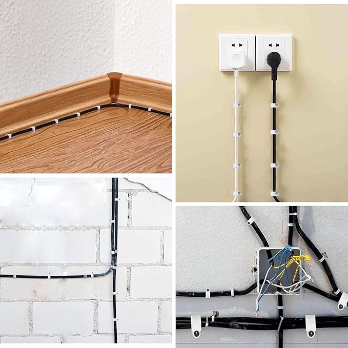 Cable Clips, 100 Pcs, 8mm, Wire Wall Clips with Steel Nails, Cable Management Organizer Clips, Cable Tacks Coax Holder Clips, RG6 RG59 CAT6 RJ45 Cable Cord Clips, White
