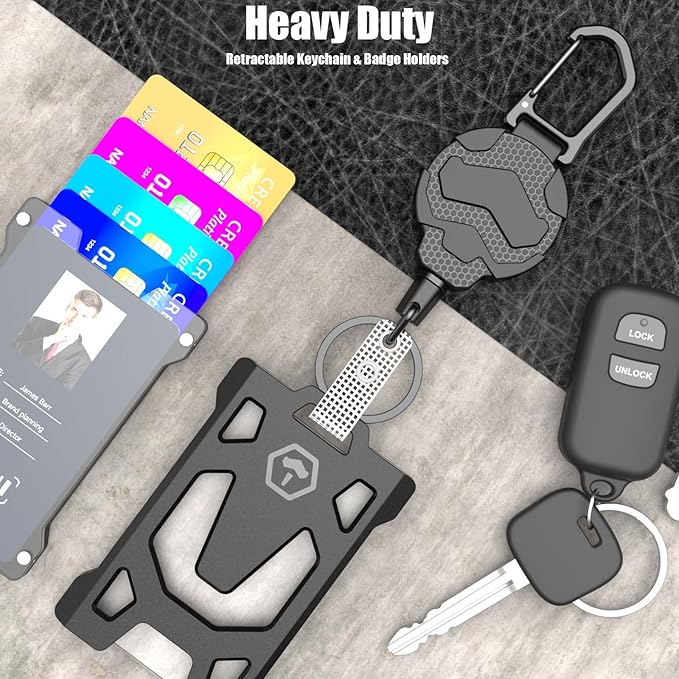 Retractable Keychain Badge Holder with Belt Clip,OR Heavy Duty Carabiner ID Badge Clip Reel, 31.5” Steel Retractable Cord, 10 oz Rebound,Black-1 Pack (with 1 Badge Holder)
