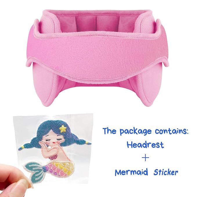LETTON Car Seat Head Support for Child, Adjustable Head Band Strap Headrest, Safe, Comfortable Head & Neck Pillow Support Solution– Baby & Kids Travel Accessories (Pink with Mermaid Pattern)