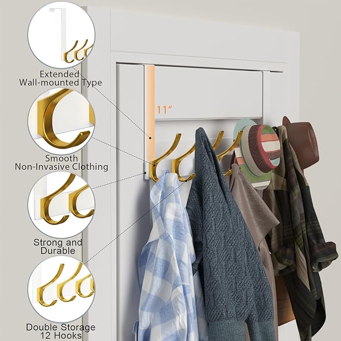 Large Over The Door Hooks, Sturdy Door Hanger with 12 Hooks, Door Towel Rack for Bathroom, Bedroom, Kitchen, Coat Rack for Hanging, Easy to Install (White Gold)