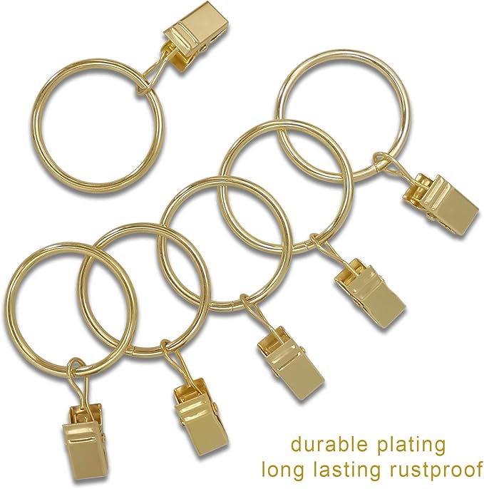 100 Pack Curtain Rings with Clips, Curtain Clip Rings Hooks, Bow Hanger Clips for Hanging Drapery Drapes Bows, Ring 1.26 inch Interior Diameter, Fits up to 1" Rod, Gold