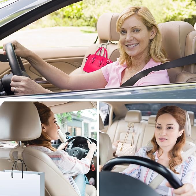 Upgraded Headrest Hooks for Purses and Bags, 2 in 1 Car Back Seat Head Rest Hanger Matching Cars Interior Genuine Leather Vehicle Storage Holder Hook, 1 Pack, Brown