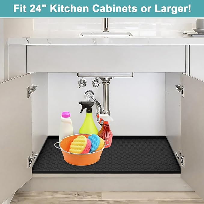 Silicone Under Sink Mat 22" x 19", Under Sink Mats for Kitchen Waterproof, Under Sinks Protector Liner Tray Organizer for Kitchen and Bathroom Cabinets, Black