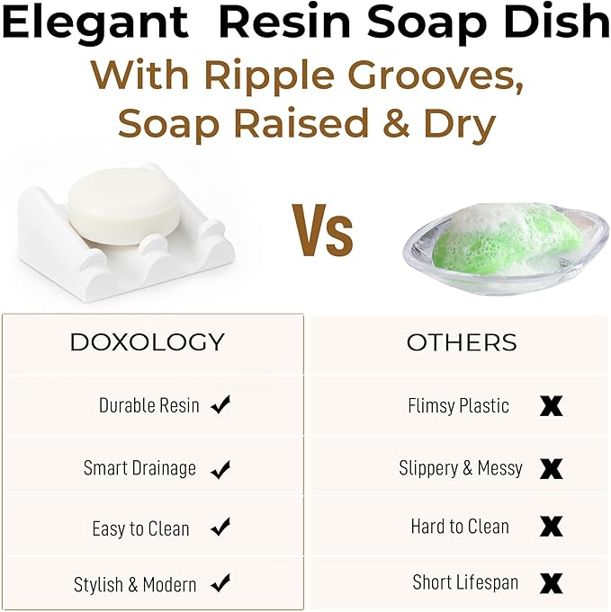 DOXOLOGY White Marble Soap Dish Bathroom Organizer - Resin Soap Dish with Rectangular Design 3.7" L x 2.8" W - Self Draining Soap Dishes Keeps Countertop Neat - Marble Look Soap Tray for Sink