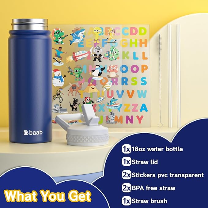baab 18oz Kids Water Bottle, Insulated Water Bottle with Straw & Stickers, 18/8 Stainless Steel Vacuum Leakproof Kids Water Straw Cup for School, Perfect for Boy Girl (Navy Blue, 1 Pack)