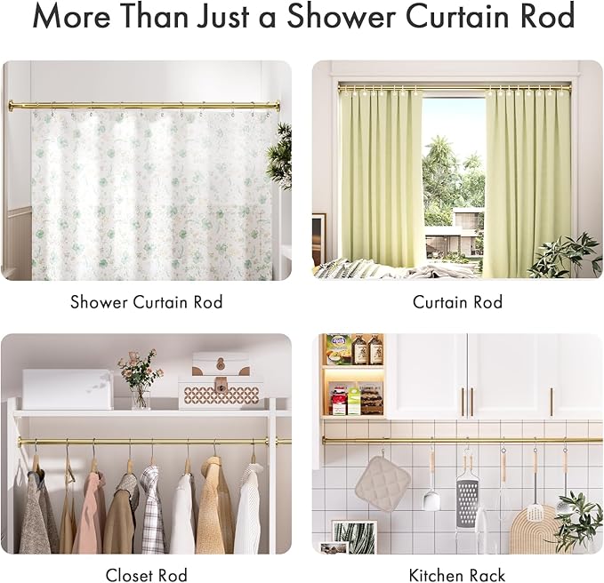 AmazerBath Spring Tension Shower Curtain Rod, 31-75 Inches Heavy Duty Tension Rod Rust Proof Bathroom Curtain Rod, Adjustable No Drill Easy Segmented Installation, Gold