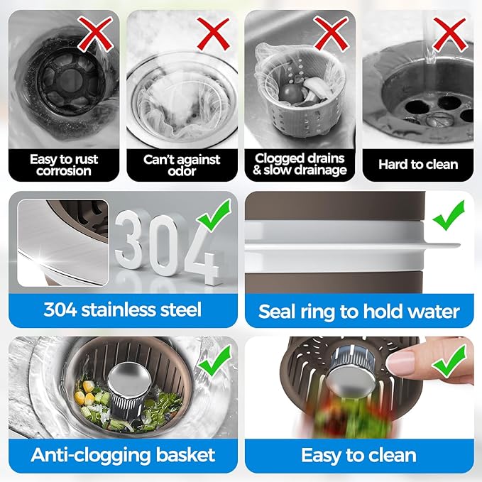 Upgraded 3-in-1 Kitchen Sink Drain Strainer & Sink Stopper, Stainless Steel Kitchen Drain Plug & Cover with Anti-Clogging Basket Strainer, Fits US Standard 3-1/2'' Sink Drain Hole, Brown