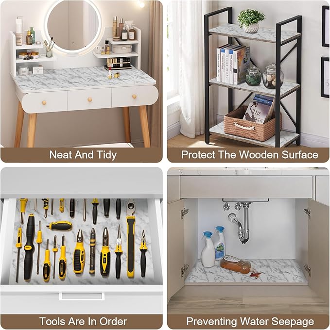 OcePor Non-Adhesive Drawer and Shelf Liner 12IN x 30FT, Non-Slip Cabinet and Cupboard Liner, Kitchen Cabinet Liners for Shelves, Waterproof Drawer Shelf Liners for Cabinets/Bathroom Cupboard, Marble