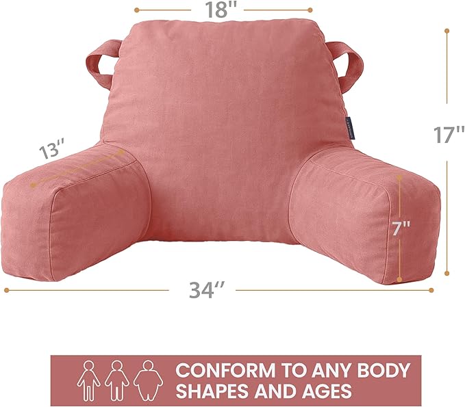 Portable Comfy Reading Pillows for Bed Sitting Up(Dark Pink Oeko-Tex), Velvet Back Pillow with Arms & Pockets for Adults, Support Memory Foam Bed Pillow for Dorm/Reading/Watching/Gaming