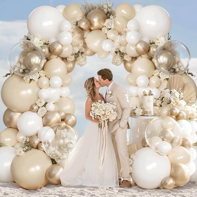 White and Gold Balloon Arch Kit, 128pcs Gold and White Balloon Garland with Chrome Gold White Sand Beige Cream Balloons Garland Kit for Wedding Bridal Shower Birthday Party Gender Reveal Decorations