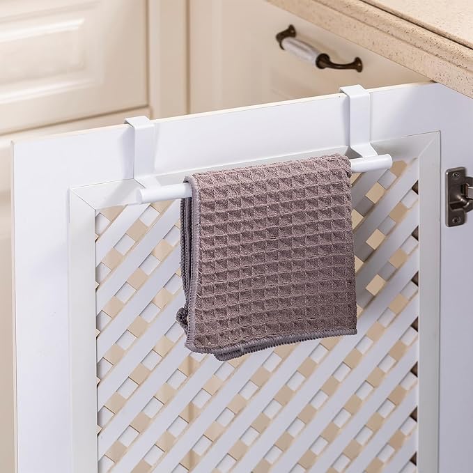 Qflushor Over Cabinet Towel Bar, Stainless Steel Dish Towel Holder for Cupboard Door, White, 2 Pack