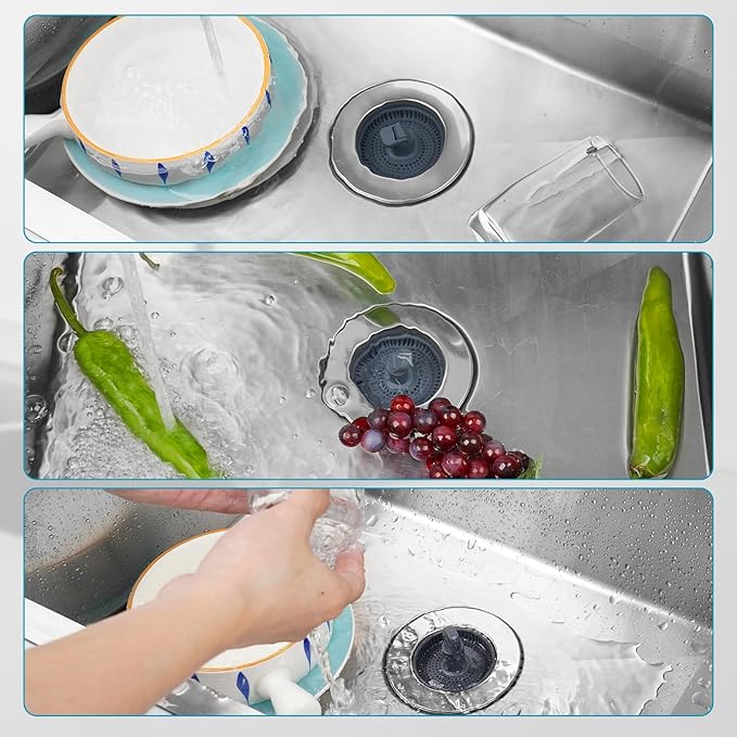 Hibbent 3 in 1 Kitchen Sink Drain Strainer, Stainless Steel Wrapped Shell Drain Stopper Combo, Pop Up Sink Stopper, 3 Anti-Clogging Basket Strainer with Foldable Handle for US Standard 3-1/2" Drain