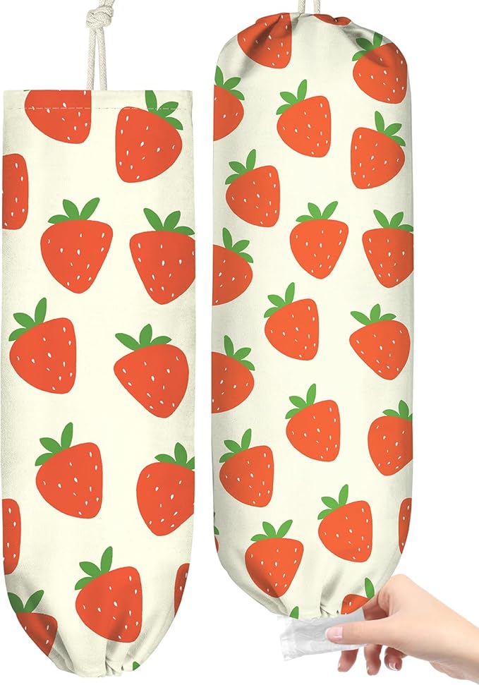 Kokaaee Plastic Bag Holder, Grocery Bag Organizer - 1 Pack Cute Kitchen Dispenser Holders Reusable Shopping Western Hanging Wall with Adjustment Drawstring Closure for Women Home, Strawberry