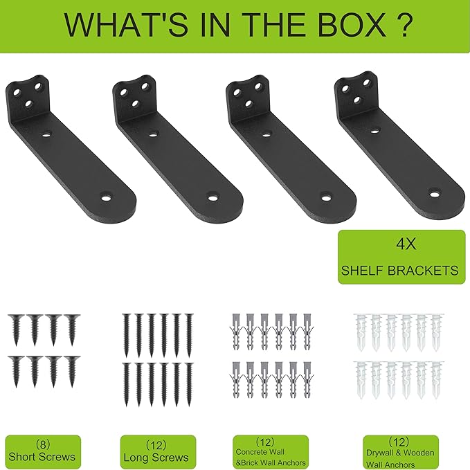 Floating Shelf Bracket, 12 Inch 4PACK Black Heavy Duty Shelf Bracket,Hidden Shelf Brackets 1/5 in Thick,L Brackets Support for Shelves,Suitable for Kitchen, Study Or DIY,Holds Over 160lb+