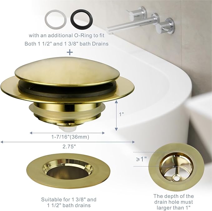 Gold Brushed Tub Drain Stopper, Universal Pop Up Bath Drain Plug Bathtub Drain Stopper, Hidrop Conversion Kit Assembly, Replaces Lift and Turn, Tip-Toe Plug Stopper for Tub, EZ Install (Gold Brushed)