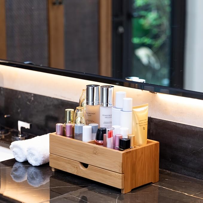 GOBAM Bamboo Makeup Organizer and Storage with Drawer, Wooden Cosmetic Organizer Countertop for Bathroom, Bedroom, Kitchen & Dresser, Desk Organizer with Drawers and Makeup Vanity Station - Medium