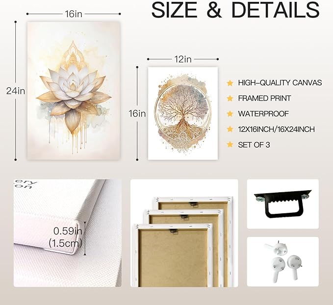 GELDSTEI Tree of Life Wall Art, Calming Zen Wall Decor, Abstract Yin Yang Tree Canvas Painting, Modern Gold Lotus Flower Meditation Poster Print for Living Room Yoga Room Bedroom Framed 12"x16"x3