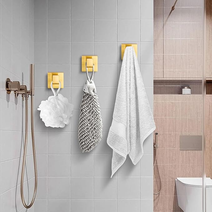 warlve Brushed Gold Towel Hooks for Bathrooms, Heavy Duty Wall Mounted Stainless Steel Modern Hook, 4 Pack – Ideal for Hanging Towels, Robes, Coats, in Kitchen, Bedroom, Bathroom, or Hotel