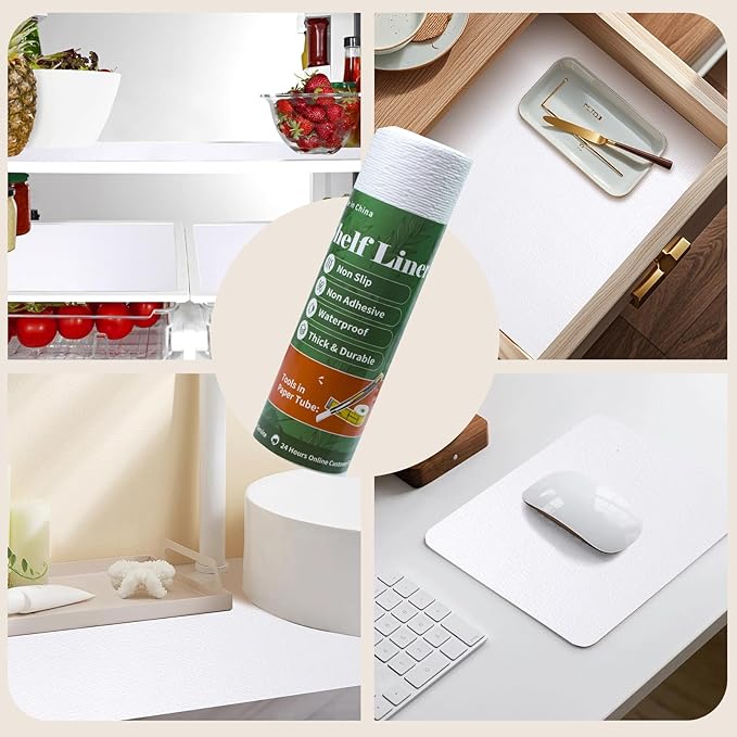 Shelf Liners for Kitchen Cabinets 12in x 20FT, Non Adhesive Drawer Liner Pure White Thickened Shelf Liner Non-Slip Easy to Clean for Tool Box Refrigerator with Knife and Tape Measure