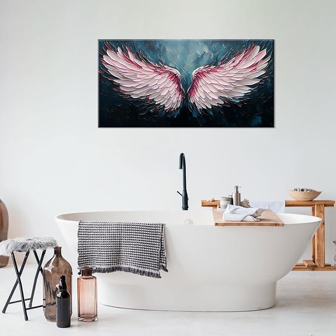 ZESTRILIA Angel Wings Wall Art for Girls Room Pink Navy Blue Canvas Oil Painting Prints Modern Abstract Fantasy Anime Artwork Living Bedroom Office Decor (40x20 Inches)