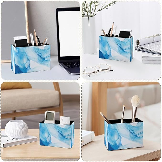 Famame Blue Liquid Abstract Pencil Holder for Desk, Leather Desktop Container Pen Cup Storage Study Table Pen Organizer Makeup Brush Holder for Classroom Office Home
