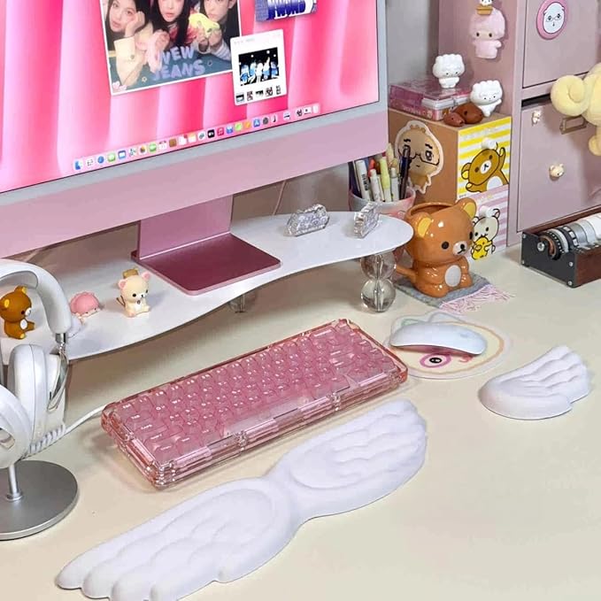 Angel Wing Wrist Rest Ergonomic Memory Foam Wrist Rest for Computer Keyboard Mouse Set, Cute Gaming Keyboard Cushion Hand Support PU Leather Surface Anti-Slip Waterproof White Angle Wing with Cup Mat