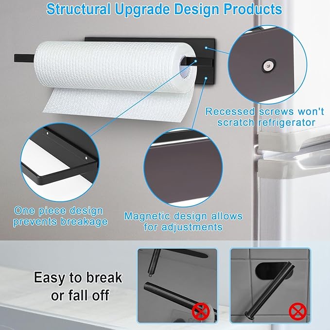 Paper Towel Holder Black, Toilet Paper Roll Holder Magnetic Towel Rack No Drilling Fridge Organizer Shelf for Towels Rolls Bar Bathroom Toilet Pantry RV Essentials Kitchen Organizer and Storage 2 Pack