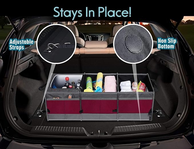 Trunk Organizer with Cooler, Collapsible Trunk Storage Container with Non-Slip Bottom Strips, Large Multi-Compartment Waterproof Car Trunk Organizer for Groceries, for Vehicle Sedan, SUV, Van (Wine Red)