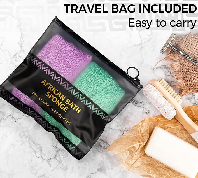 Back Scrubber for Body - 2 Pieces Authentic African Net Sponge with Knots - Exfoliating Washcloth for Afro Scrubber Seawave & Lilac - Shower Exfoliator for Women Self Care Body Loofah Bath Essentials