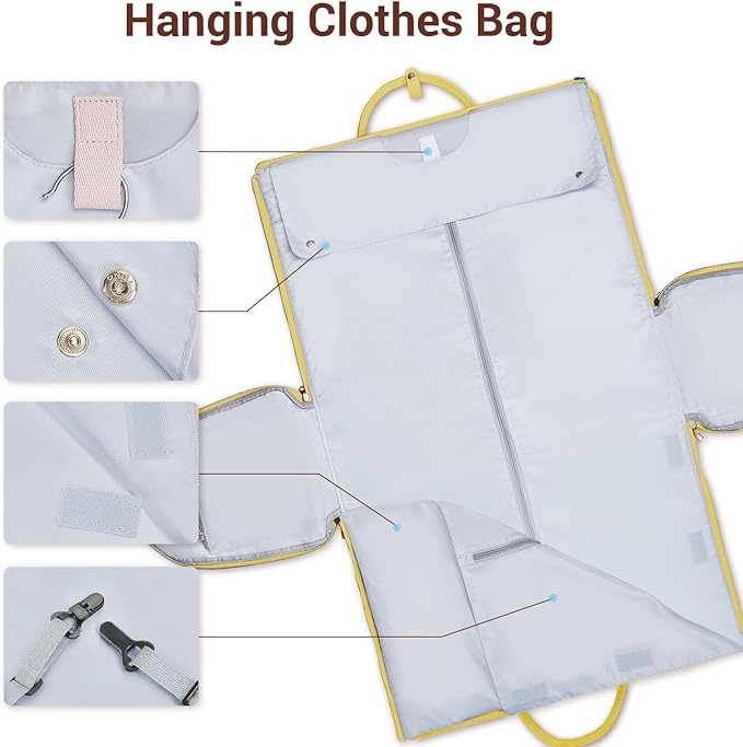 Garment Bags for Travel, Convertible Suit Travel Bag for Women, Stylish Carry On Garment Bag with Toiletry Pocket, Shoulder Strap and Shoes Compartment, 2 in 1 Foldable PU Leather Duffle Bag, Yellow