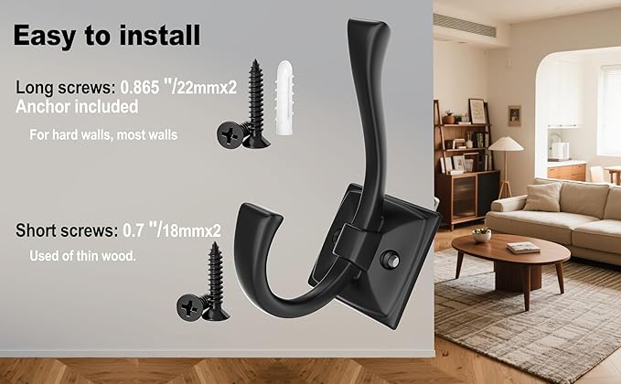 TOFIIGREM 2 Pack Antique Black Coat Robe Hooks for Wall Hanging Hat, Key, Bag, Robe, Towel, Mudroom Hook Entrance Bathroom Door Decorative Heavy Duty Hats Hanger