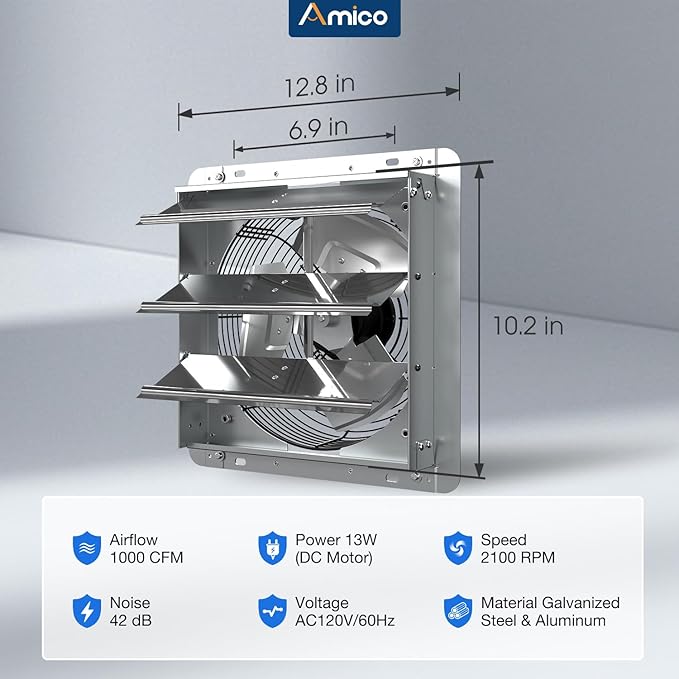 Amico 10" Shutter Exhaust Fan with Remote, 9-Speed Energy Efficient & Quiet 13W DC Motor 1000 CFM Wall Mount Ventilation Fan for Garage,Greenhouse,Attic & Chicken Coop,Plug & Play,8-Hour Timer,FCC