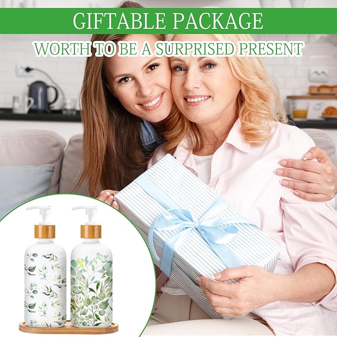 Potchen 2 Pack Glass Soap Dispenser Set Bathroom Decor Housewarming Gift Glass Soap Dispenser with Pump Wood Tray Home Decoration for Kitchen Bathroom (Eucalyptus)
