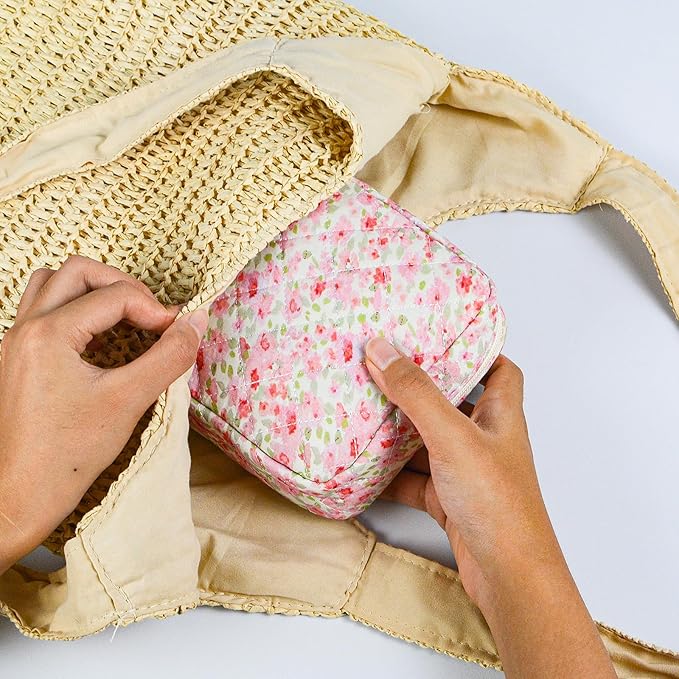 Small Floral Quilted Makeup Bag, Coquette Aesthetic Travel Toiletry Organizer for Women, Lightweight Cotton Cosmetic Pouch