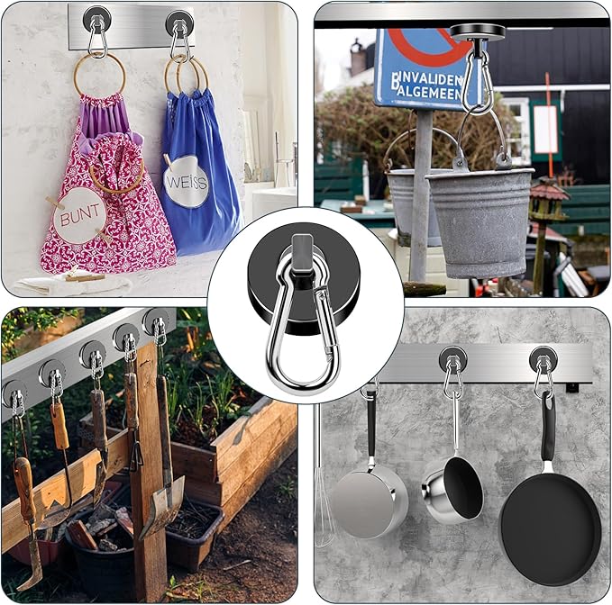 MIKEDE Magnetic Hooks Heavy Duty, 70LBS Strong Magnetic Hooks with Carabiner Hooks, Neodymium Black Magnets with Swivel Hooks Great for Hanging, Kitchen, Grill, Locker or Cruise Cabin - 10 Pack