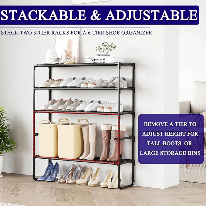 Long Shoe Rack, 2-Tier Stackable Shoe Organizer for Closet, Entryway, Hallway, Extra Bottom Layer, Holds 12-15 Pairs, Sturdy & Durable Waterproof Fabric Shelf, Space-Saving,Black(35.8" Wide)