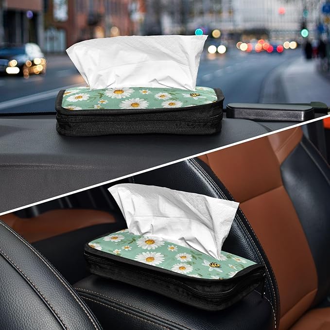 Car Tissue Holder Car Napkin Holder Car Tissue Box Dispenser Storage Case Sun Visor Mask Holder with Adjustable Straps Reusable Refillable Mint Green Daisy Flowers and Bees