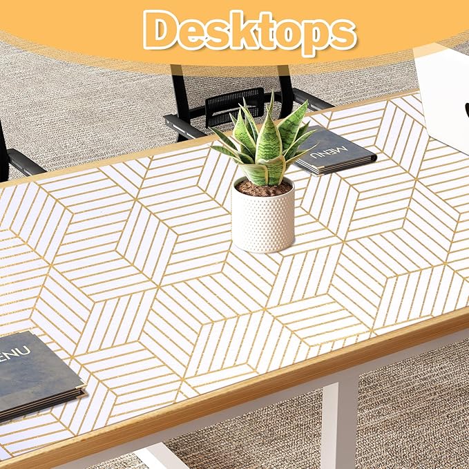 Shelf Liners for Kitchen Cabinets Non Adhesive Shelf Liner Paper Non-Slip Thickened Drawer Liner Easy to Clean for Tool Box Refrigerator with Knife and Tape Measure, Gold Geometric, 17.3 x 354.3 in