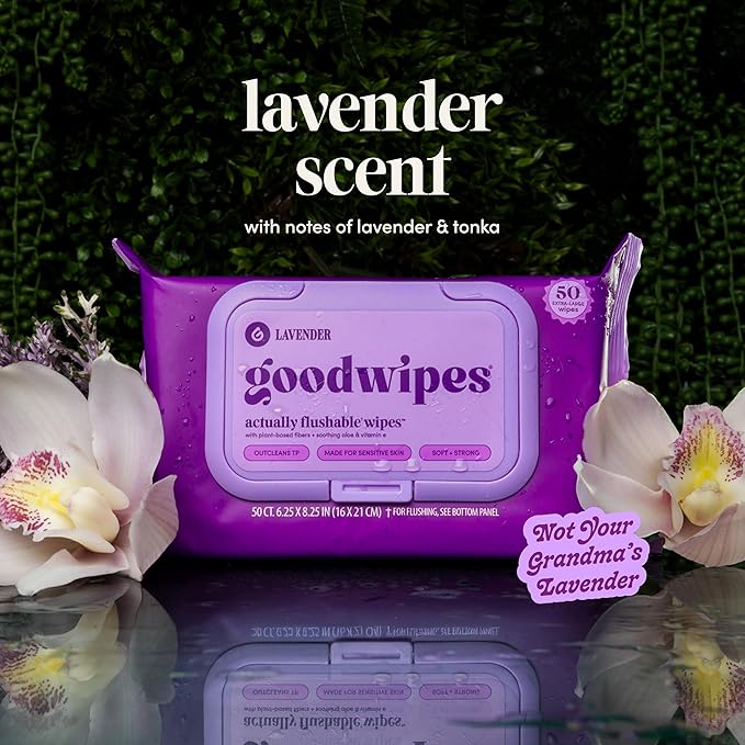 goodwipes Flushable Wipes for Adults - Lavender Butt Wipes for Women & Men, Septic Safe, Toilet & Bathroom Essentials, Extra Large, 318 Count (6 Packs and 1 Travel Pack)