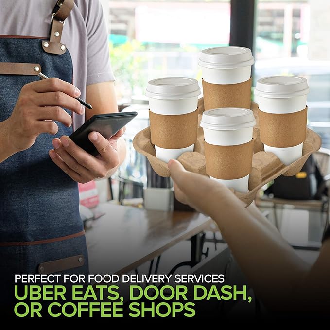 4 Cup Disposable Coffee Tray (75 Count), Commercially Compostable Cup Holder, Durable Drink Carrier for Hot or Cold Drinks, to Go Coffee Cup Holder for Food Delivery Service