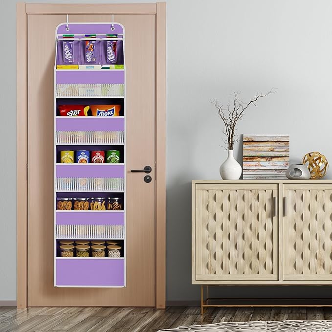 Univivi 6-Shelf Over Door Hanging Organizer, Fabric Baby Door Storage with 5 Large Pockets and 3 Small PVC Pockets, Wall Mount Hanging Storage Organizers for Baby Essentials (Purple)