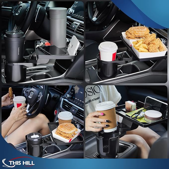 This Hill 2 Pack Cup Holder Tray for Car, 2 in 1 Detachable Car Food Table Tray with 3.93" Base & Phone Slot,Car Cup Holder Expander with 360°Rotation Tray for Travel Road Essentials Accessories