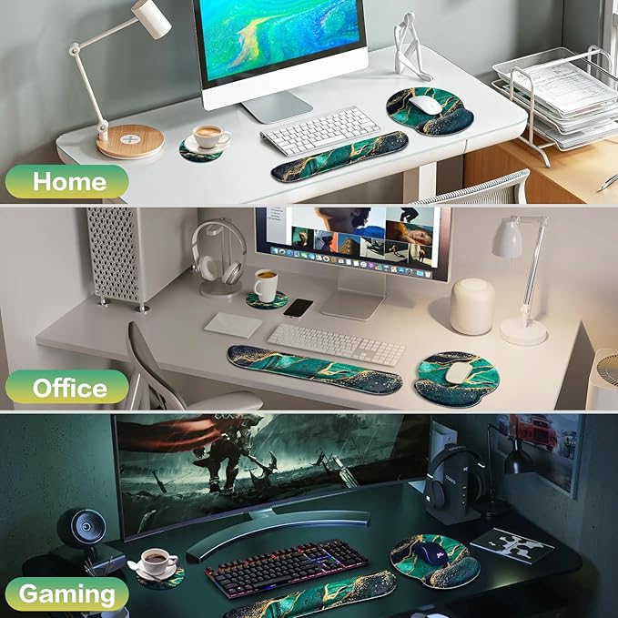 Mouse Pad Green with Wrist Rest Set, 3-in-1 Wrist Support Mousepad Set, Gaming Mat Pad with Anti-Skid Base, Ergonomic Mouse Pad, Memory Foam Gel Wrist Rest for Computer Keyboard