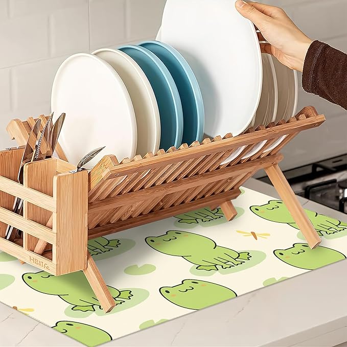 UIUPRO Cute Green Frog Dish Drying Mats 18x24 Inch, Dish Pad Drying Rack Mat for Kitchen Counter Ultra Absorbent Microfiber Dishware Coffee Maker Bar Countertop Decor
