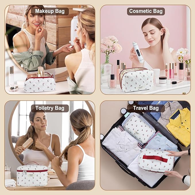 TOPEAST Christmas Gifts for Women Girls - 3Pcs Travel Makeup Bag Large Cotton Quilted Make Up Brush Bags, Portable Cute Cosmetic Bag Sets Machine Washable Toiletry Pouch, Cherry